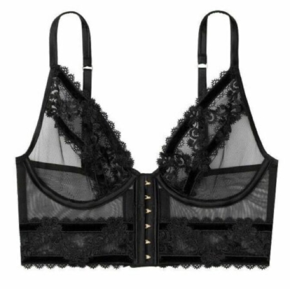Victoria’s Secret Unlined Sheer Mesh Lace Velvet Black Gold Hooks Bra Bralette L